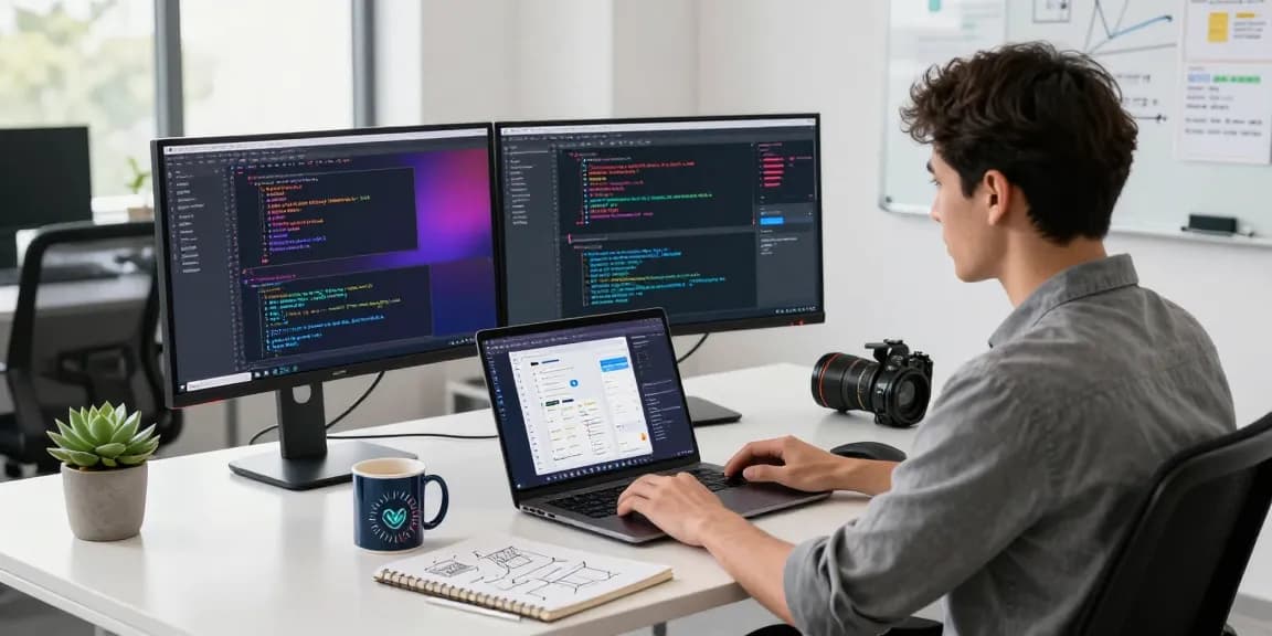 Engineer coding large language models in a vibrant tech workspace with dual monitors and creative designs.