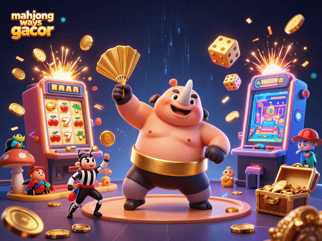 Experience Mahjong Ways Gacor excitement with a vibrant scene of animated characters and a flashy casino backdrop.