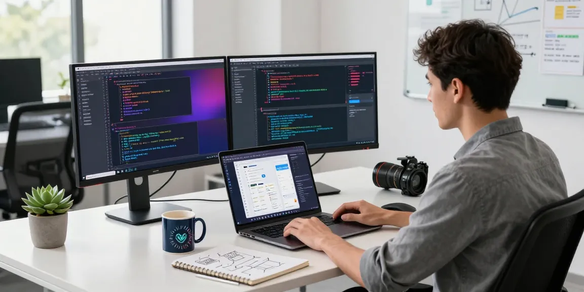 Engineer coding large language models in a vibrant tech workspace with dual monitors and creative designs.