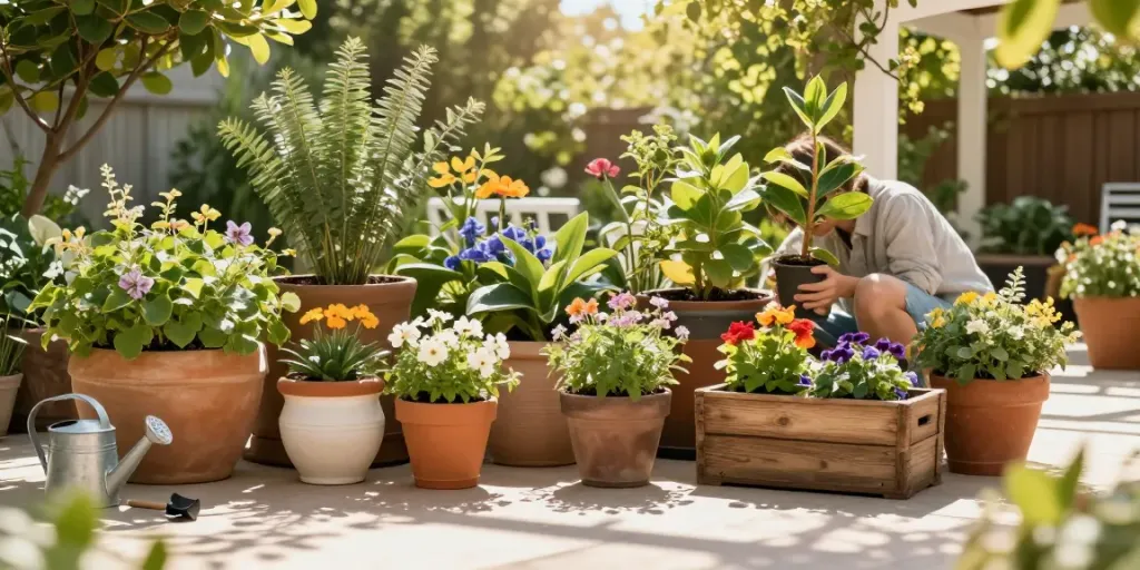 buy outdoor planters online in a vibrant garden scene with a person tending to colorful plants