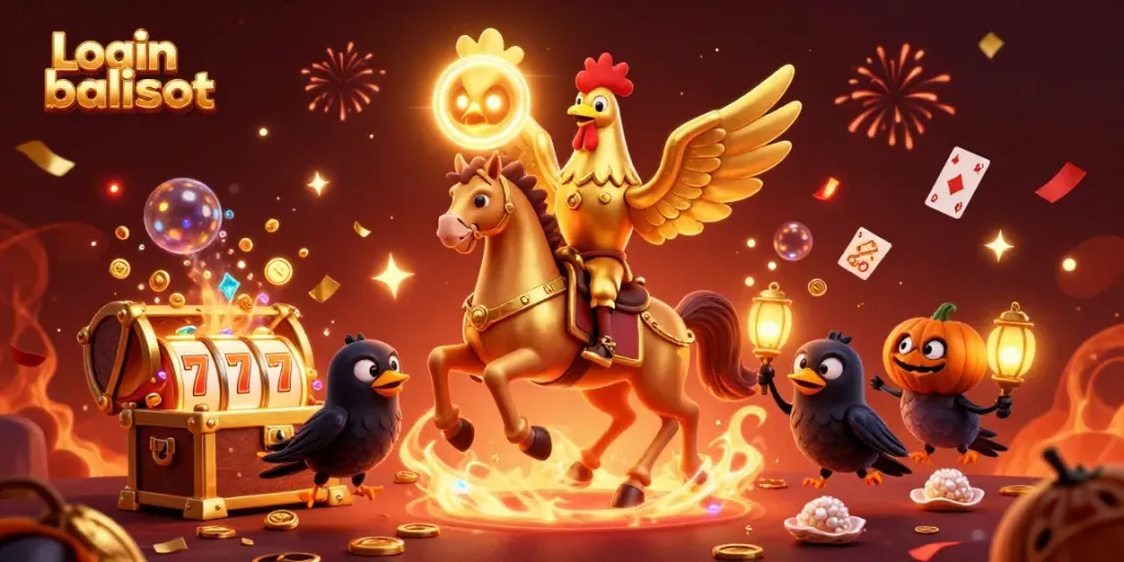 Spin to win with Login balislot, featuring dynamic slot reels, colorful gems, and lively characters in an exciting casino scene.