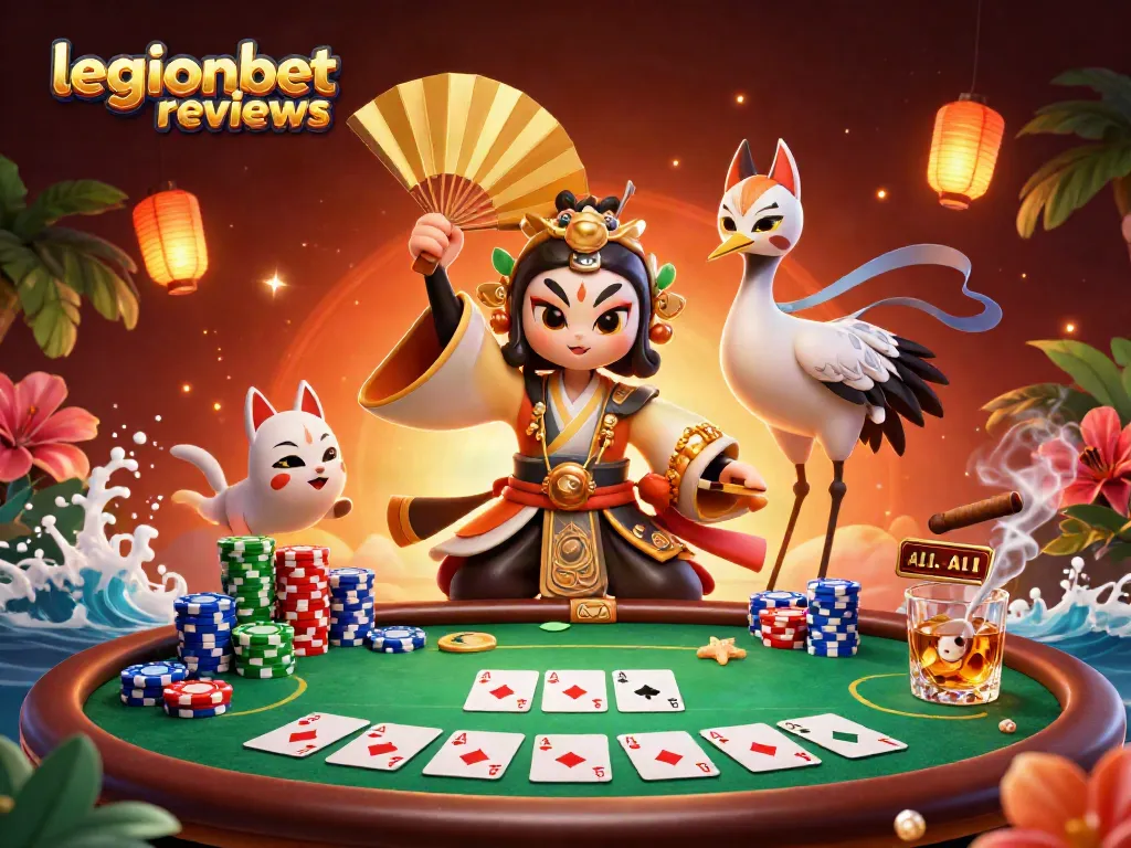 Engage with top legionbet reviews: a vibrant casino scene depicting poker action with a kabuki warrior.