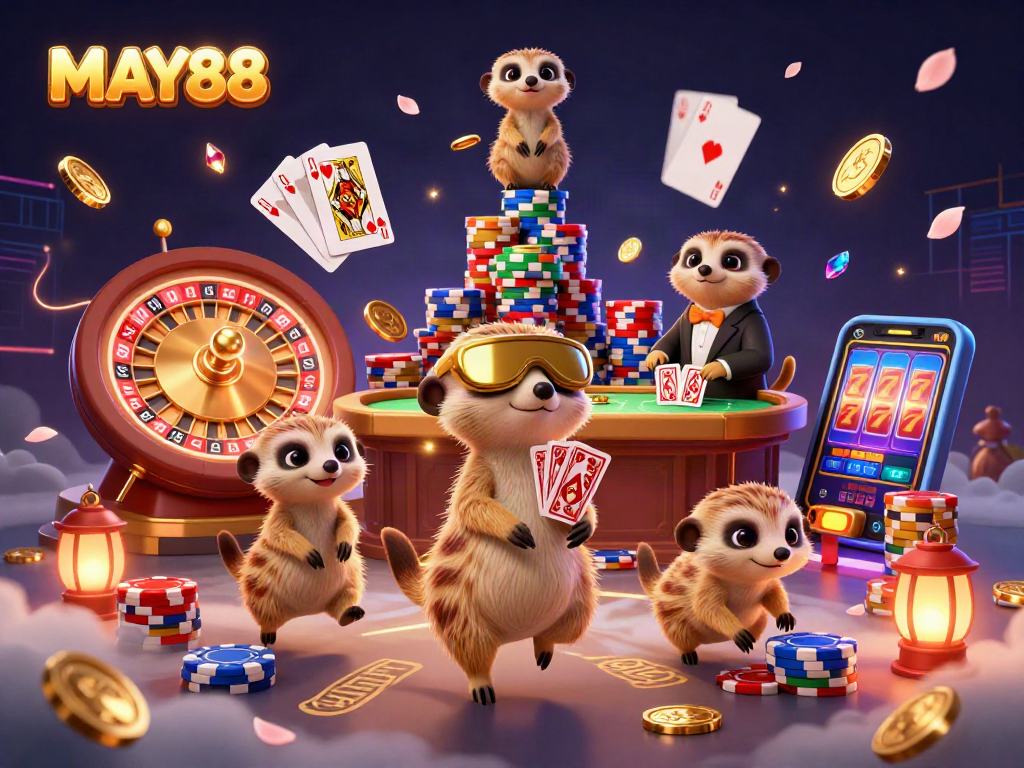 MAY88 meerkats engaging in a lively casino scene with golden coins and poker chips.