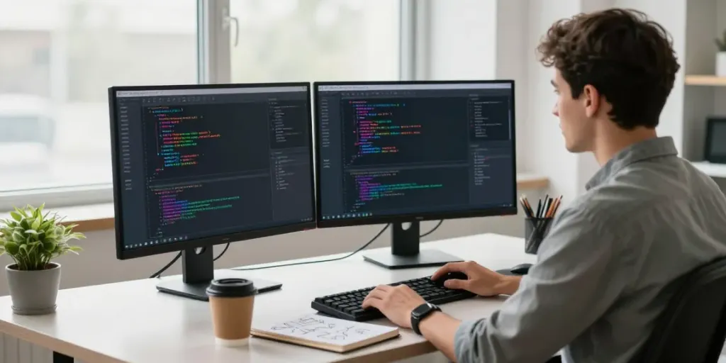 Web developer coding in a modern workspace, highlighting instant indexing.