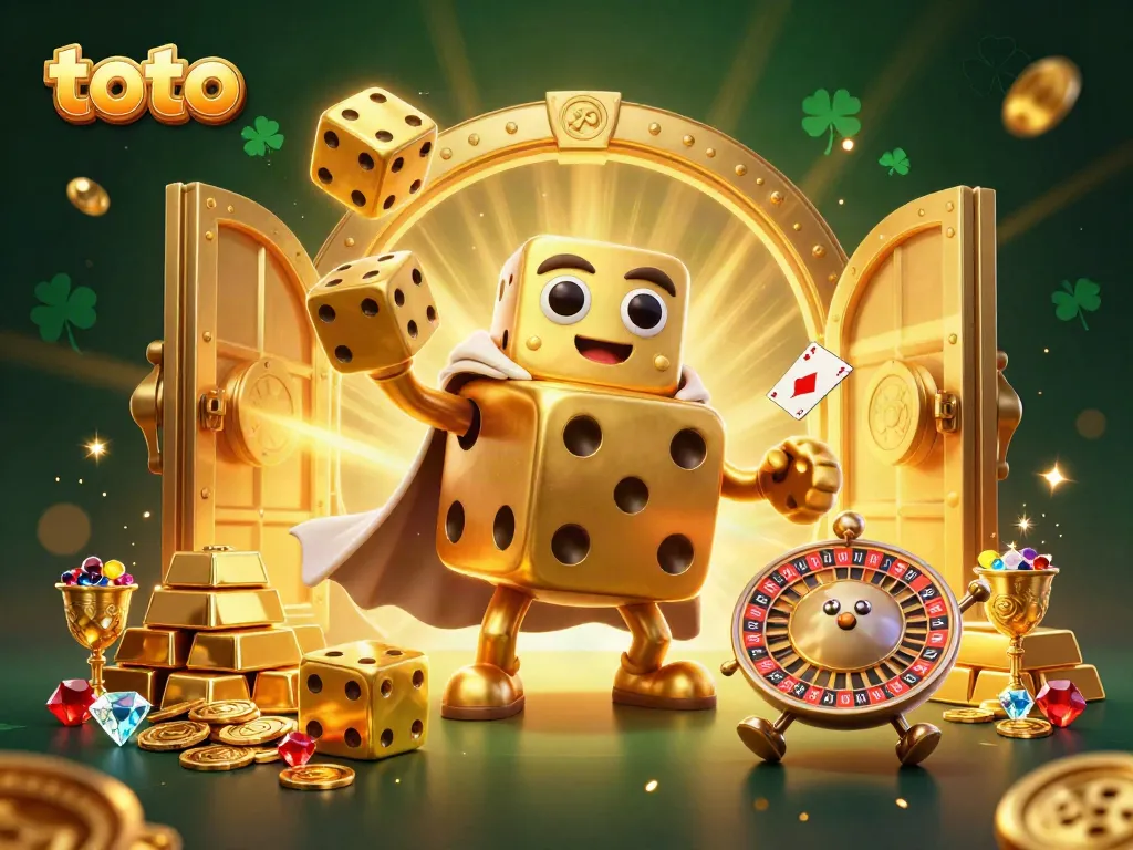 Engaging casino scene with a golden dice golem and jewels promoting toto gaming excitement.