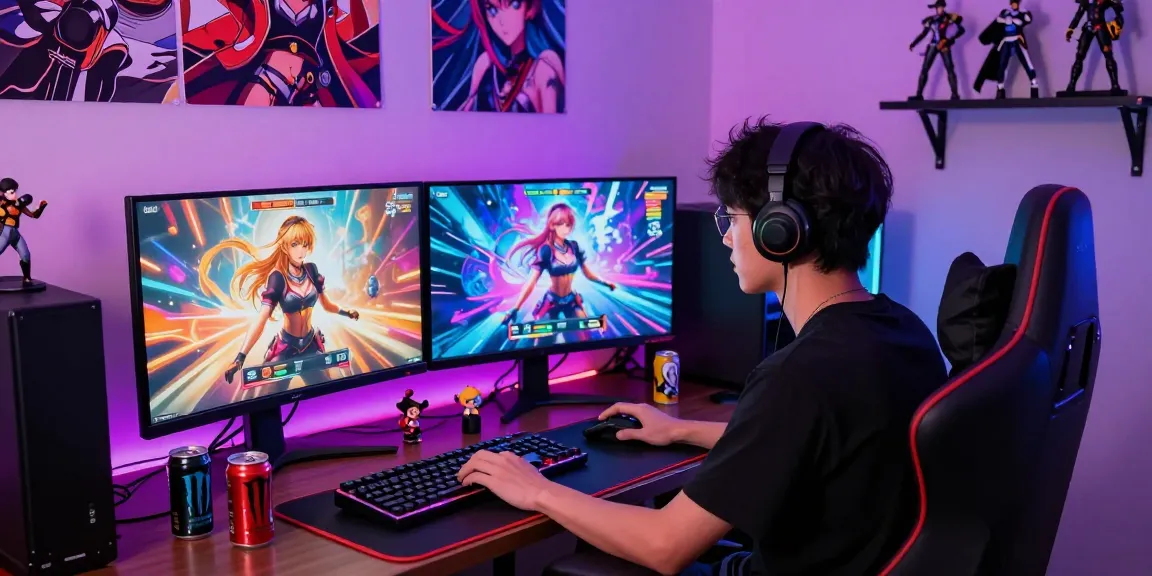 Engaged gamer immersed in an online hentai game with vibrant anime graphics, modern gaming setup, and immersive atmosphere.