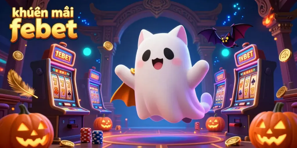 Experience khuyến mãi febet in this vibrant 3D casino scene with a ghost cat, vampire bat, and glowing slot machines.
