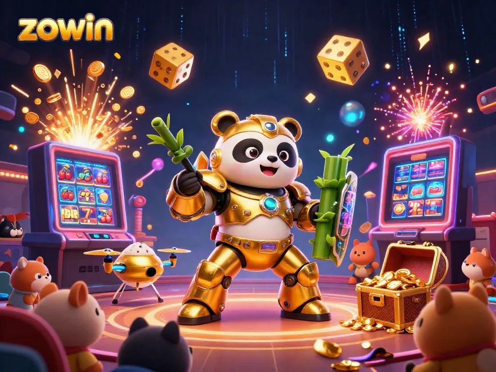 Experience excitement with zowin in a vibrant casino scene featuring a golden panda mech-suit and jackpot explosions.