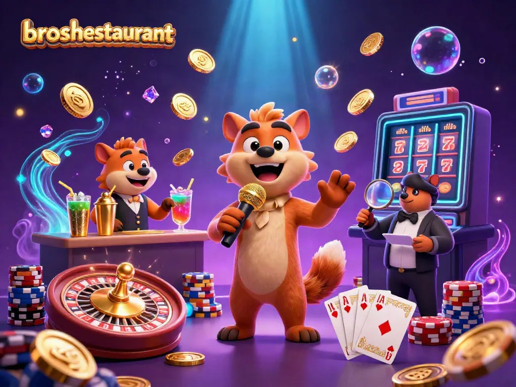 Broshrestaurant's vibrant casino with a comedic hyena trio performing and serving drinks while casino elements fly around.