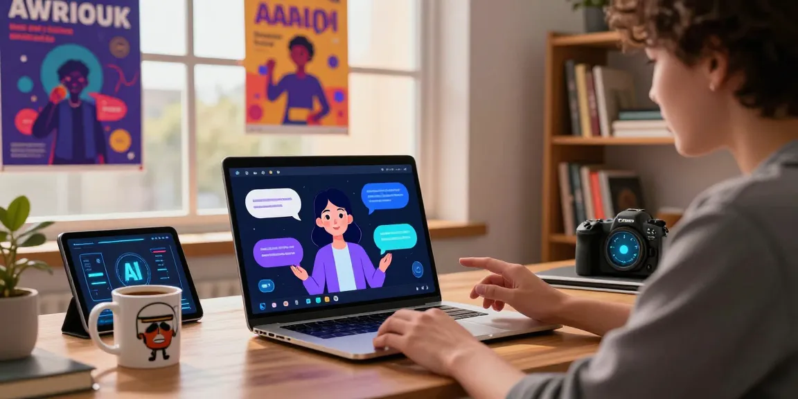 Engaging AI 18+ interactive scene showcasing a user conversing with a vibrant virtual character on a sleek laptop in a modern workspace.