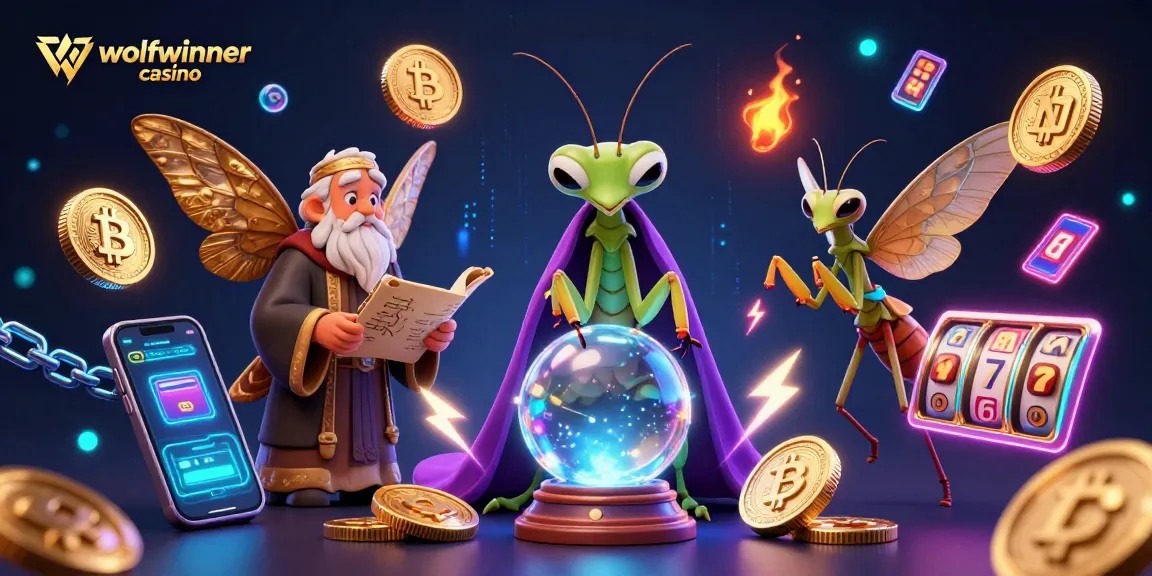 Engage with wolfwinner casino through fun 3D illustration of fortune telling and crypto elements.