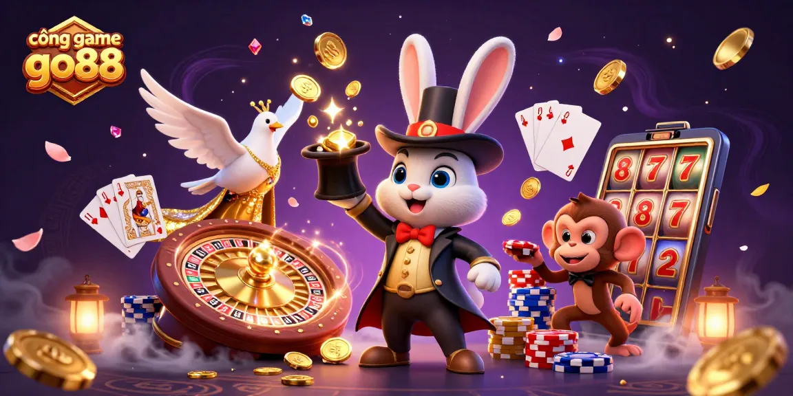 Engage in thrilling experiences at cổng game go88 with a lively 3D casino scene featuring charismatic characters.