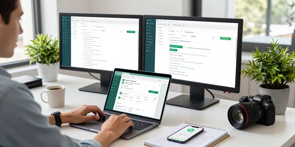 Engaging office scene showcasing WhatsApp網頁版 in use on a laptop with notifications, bright workspace environment.