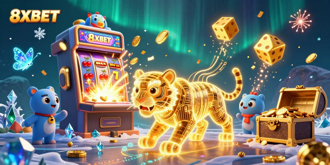 Experience thrilling gaming action at 8XBET with a vibrant casino scene, slot machines, and dynamic characters.