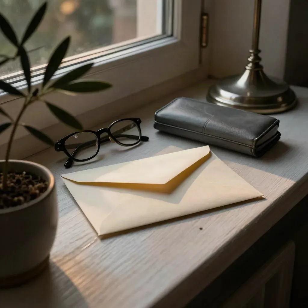 Twilight windowsill still life with pension envelope, glasses case, lamp base and olive branch.