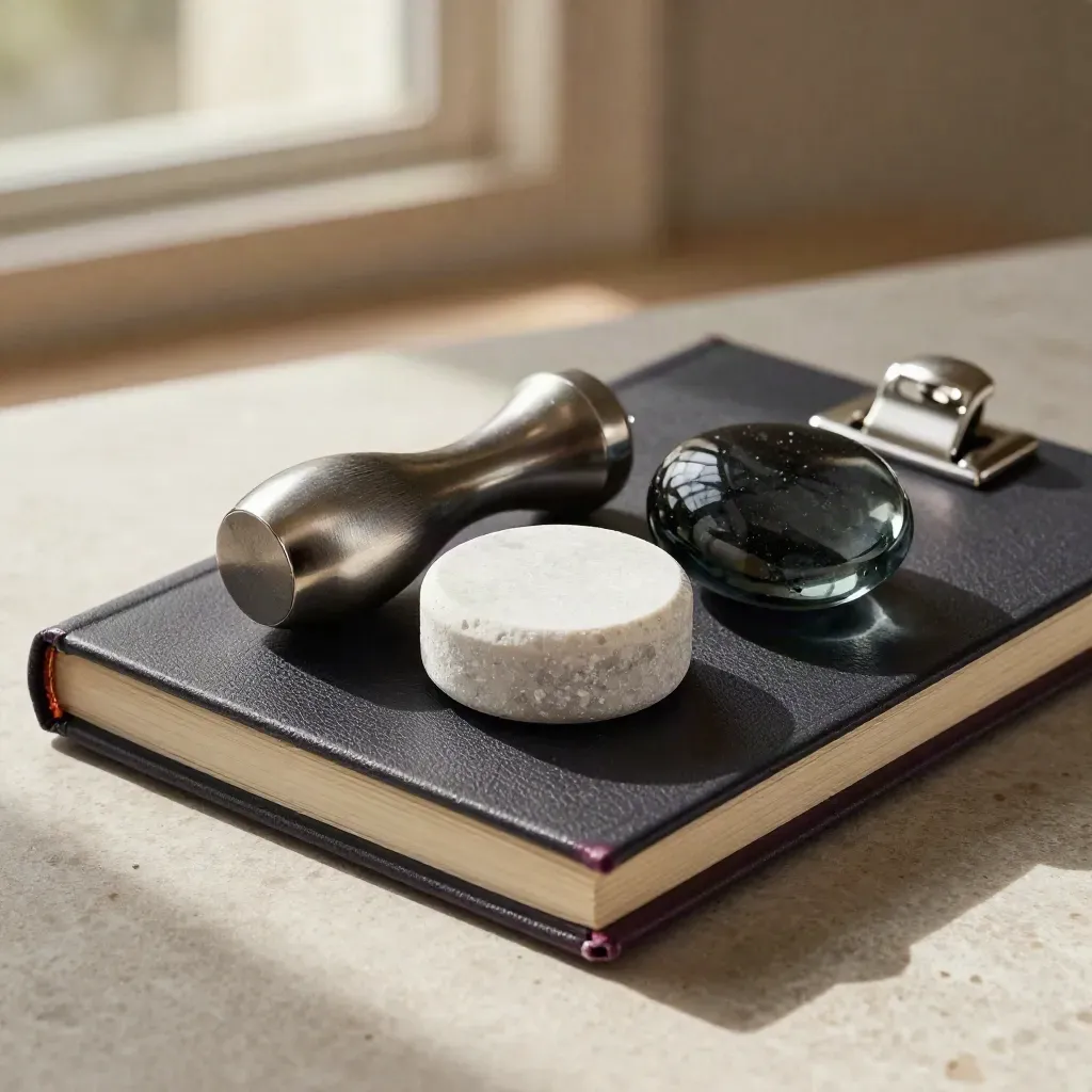 Top-down finance still life with three allocation stones, ledger cover and silver paperweight on pale limestone.