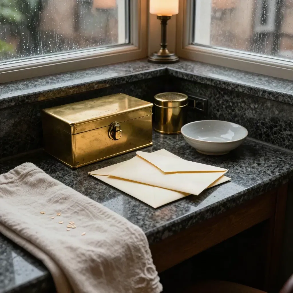 Brass lockbox and cash tin on granite beside envelopes, bowl, and folded linen in rain-soft light.