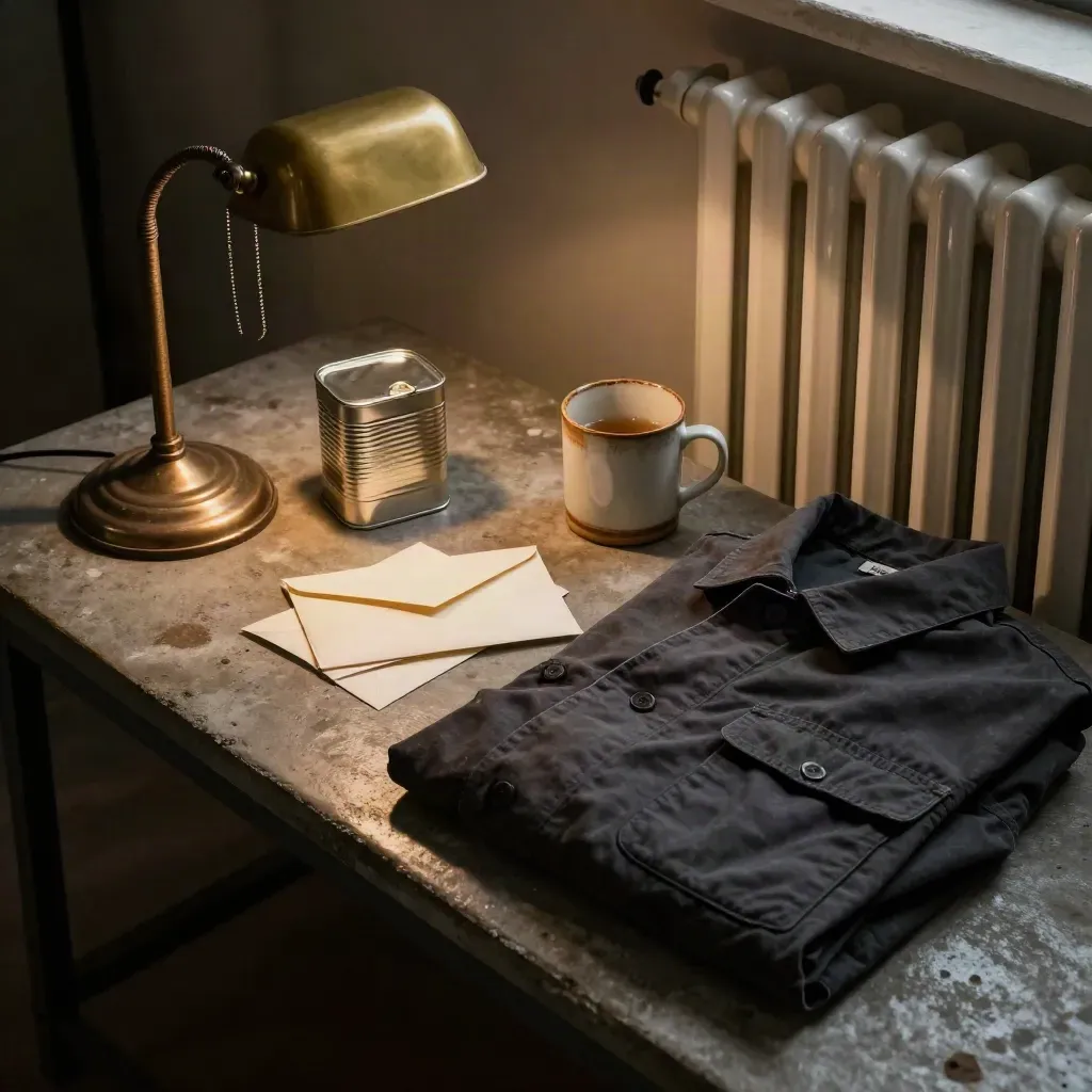 Factory-office reserve tin, envelopes, mug and work jacket on concrete in dramatic lamp light