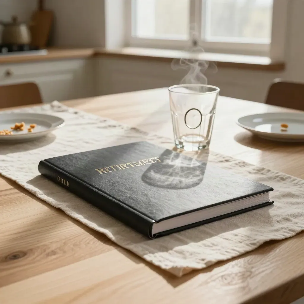 Closed retirement dossier, tumbler, plate and linen runner on a sunlit kitchen table at breakfast