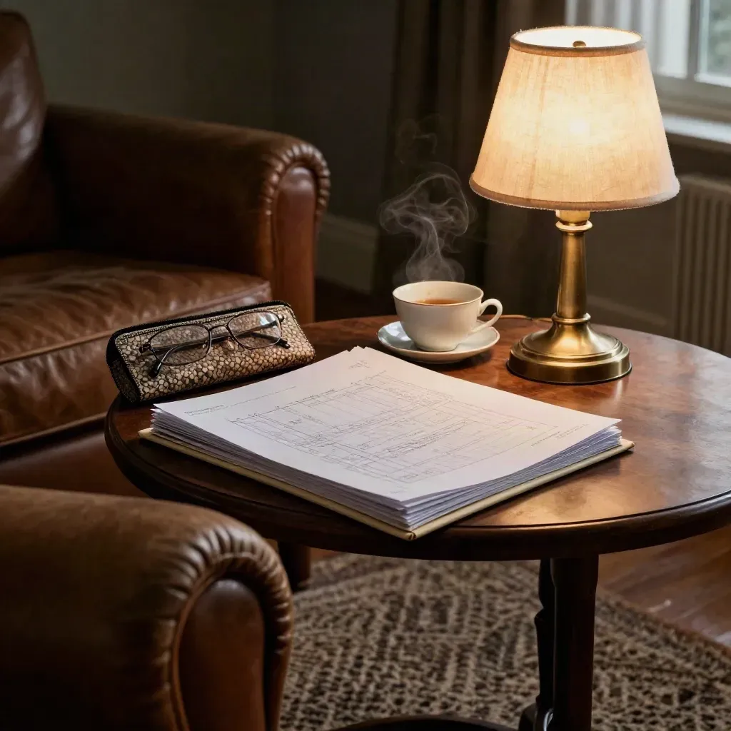 Armchair corner with retirement papers, glasses case and tea by a glowing lamp at dusk.