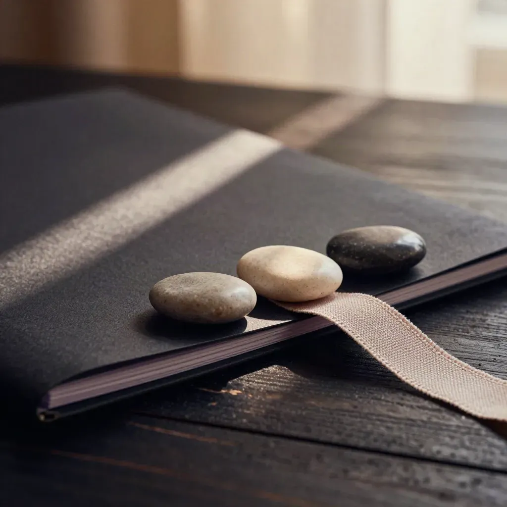Dark folder, three safety stones and linen ribbon on blackened wood, one stone shifted aside.