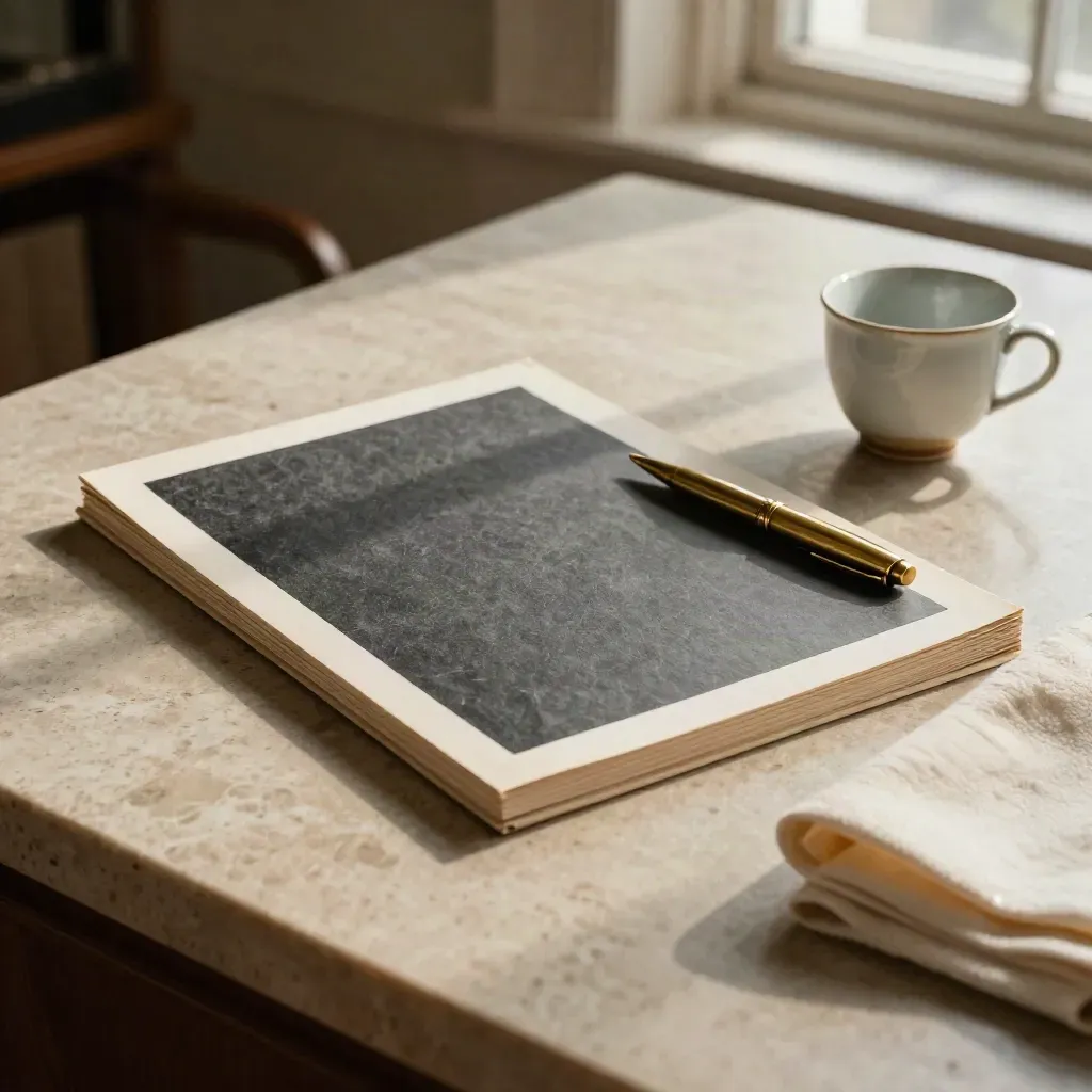 Half-open pension file, brass pen, cloth and cup on a limestone desk in a quiet advisory room.