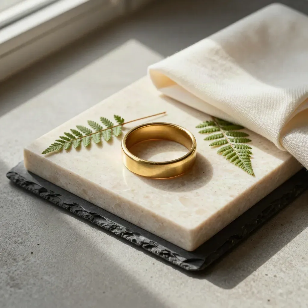 Brass portfolio ring, stone counters, ivory cloth, fern sprig on travertine tray