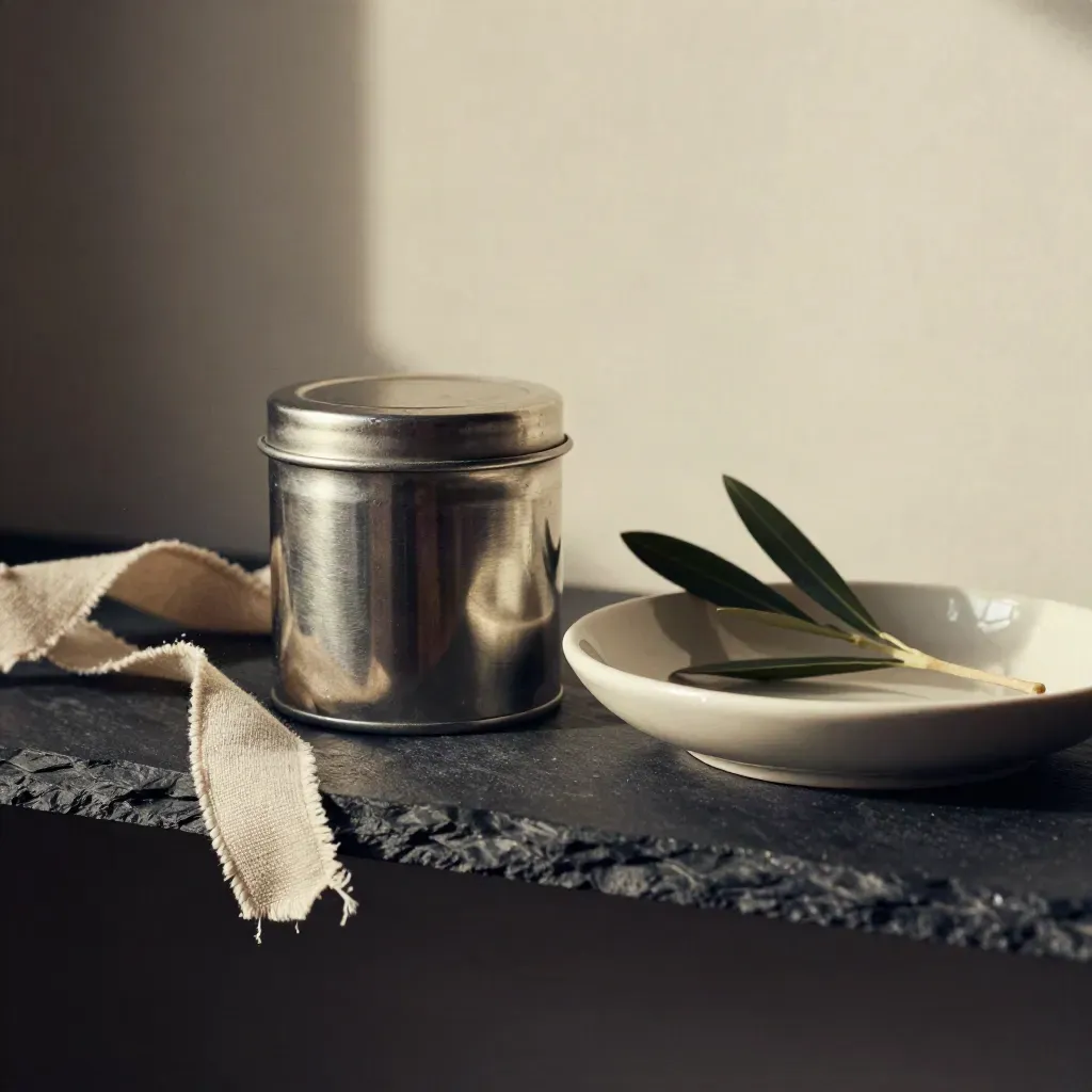 Sealed pension pot tin with dish, ribbon and olive leaf on a slate shelf