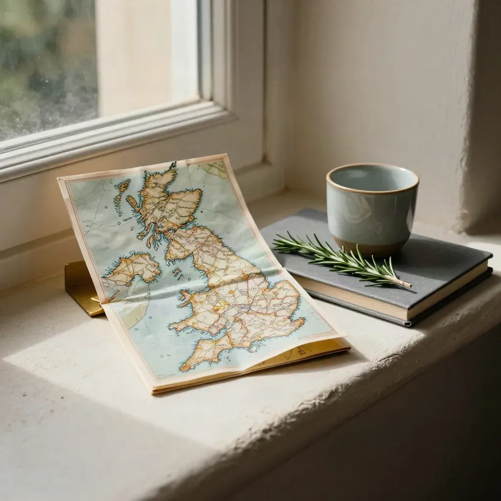 Brass map paperweight, notebook, cup and rosemary on a pale plaster ledge