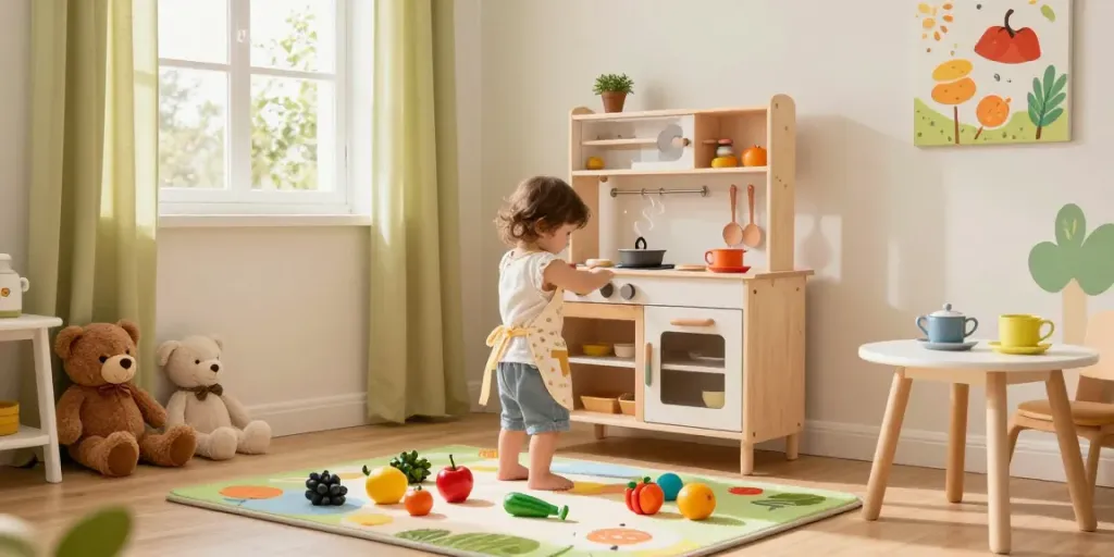 Child playing with a wooden kitchen set in a bright playroom, fostering creativity and imagination.
