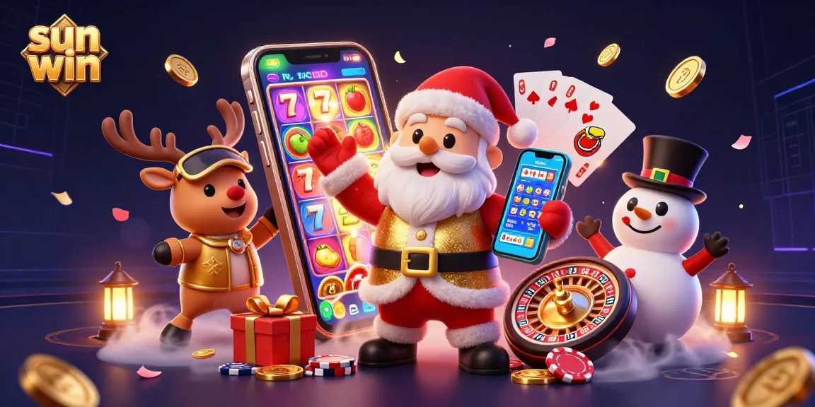 Sun win showcases a festive illustration of Santa enjoying jackpots with reindeer and snowman.