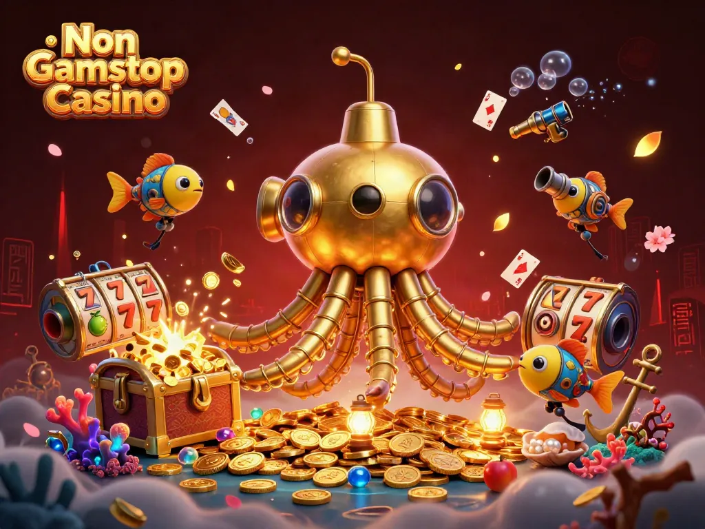 Engaging scene at Non Gamstop Casino with a golden kraken submarine and vibrant gambling elements.