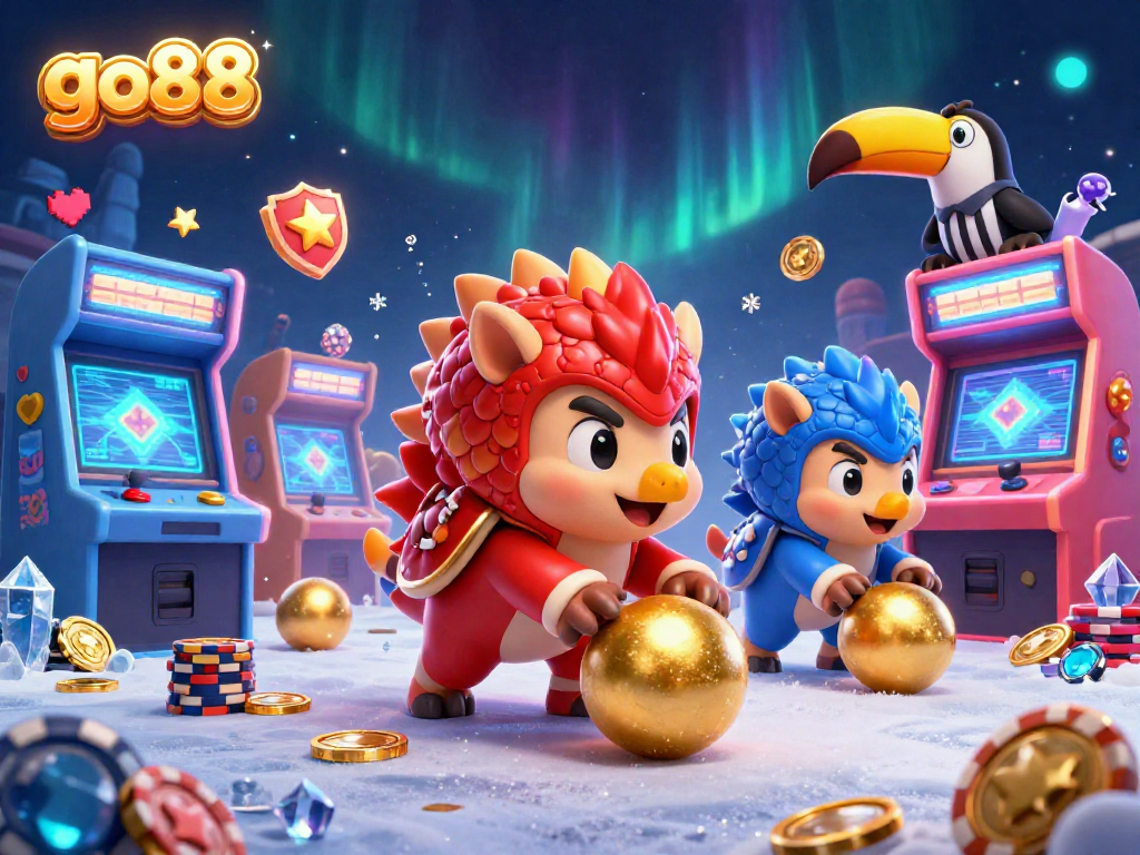 Engage in exciting gameplay at go88 with rival pangolins bowling through poker chips amid festive casino-themed elements.