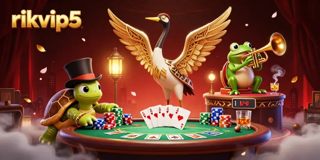 Experience the excitement at rikvip5 with vibrant 3D characters amidst a poker scene, showcasing colorful chips and cards.