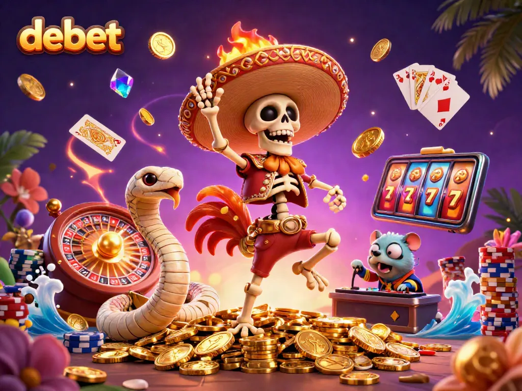 Experience thrilling debet gaming with vibrant casino-themed characters and dazzling elements in a dynamic scene.