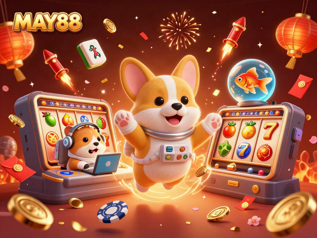 Engage in thrilling slots action at MAY88 with vibrant games, golden coins, and dynamic casino energy