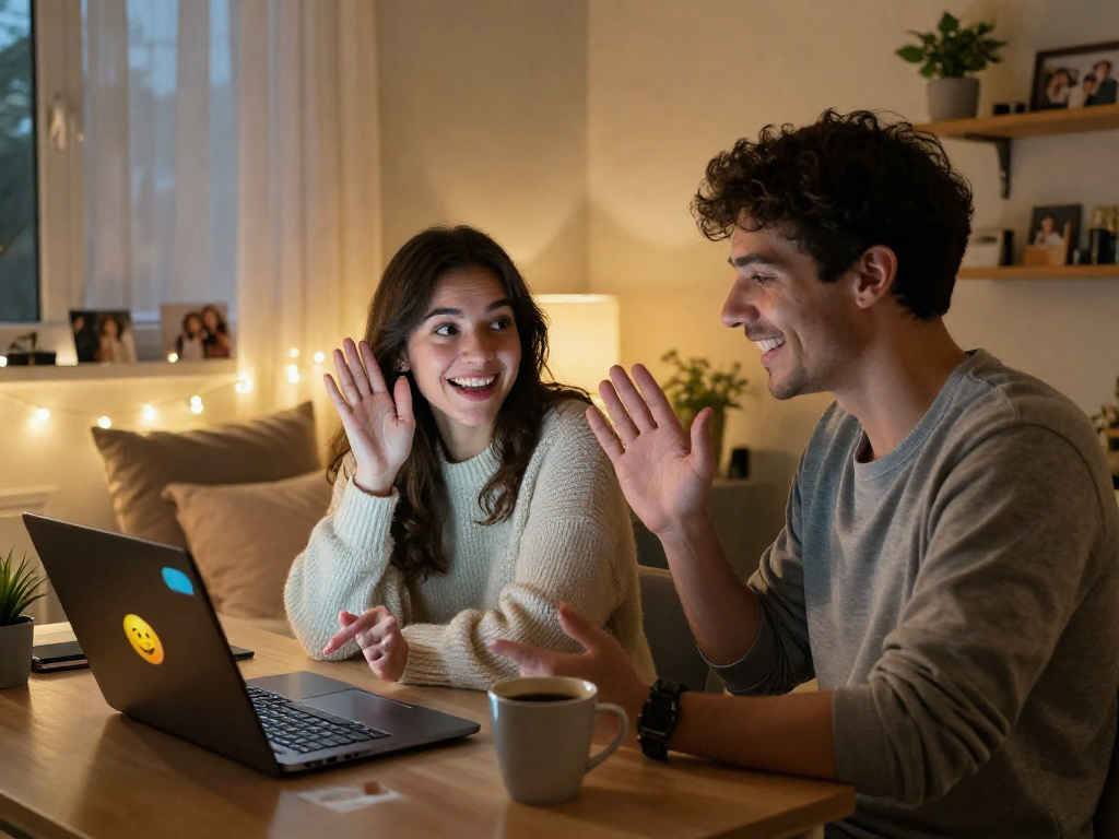 Engaging sex chat scene with a couple connecting via video call in a cozy home office.