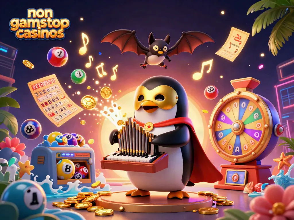 Engaging scene of non gamstop casinos featuring a penguin and vibrant casino elements.