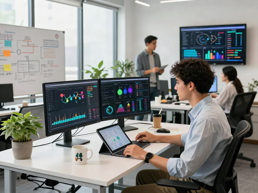AI marketing analyst using spicy AI to visualize campaign strategies in a bright office.