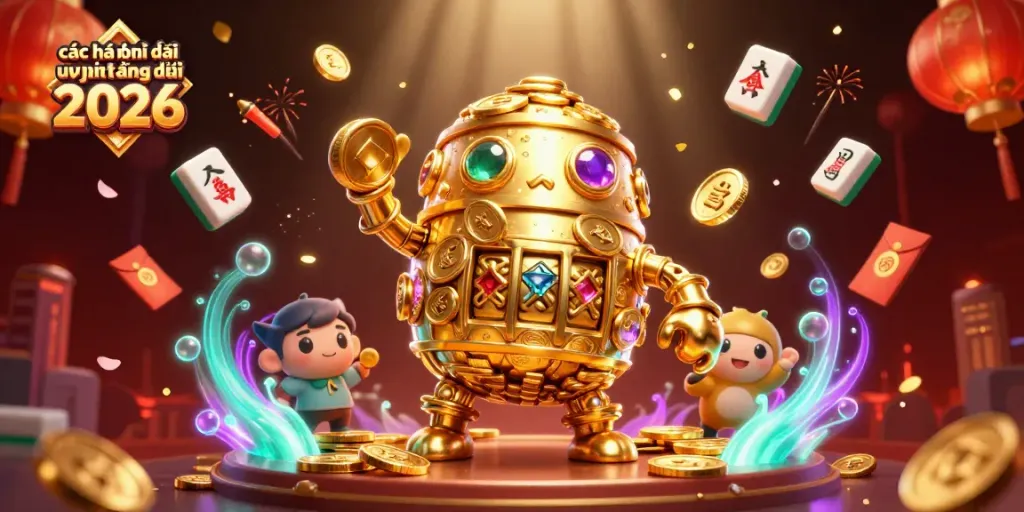Engaging visual of các nhà cái uy tín hàng đầu 2026 featuring a golden golem amidst fireworks and mahjong tiles