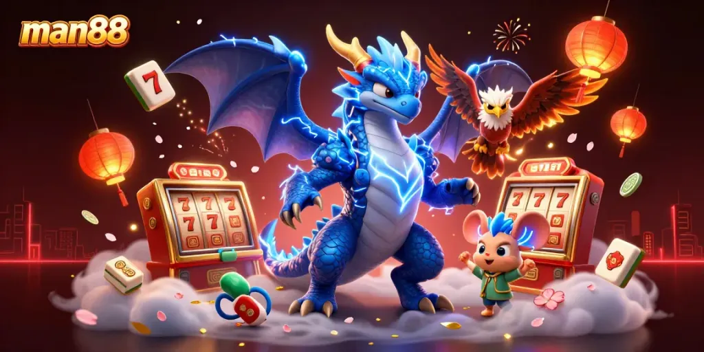 Experience the thrill of man88 with 3D dragons and casino elements in an electrifying scene.