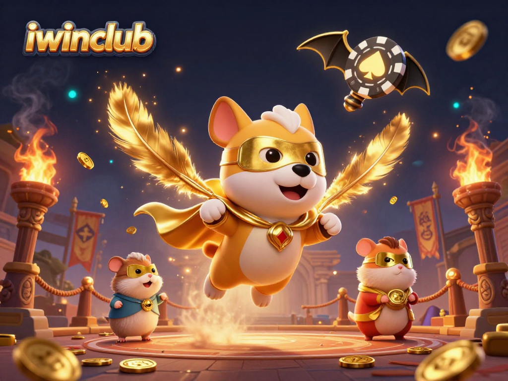 iwinclub showcases thrilling gaming action with a superhero dog and hamster amidst vibrant casino elements.