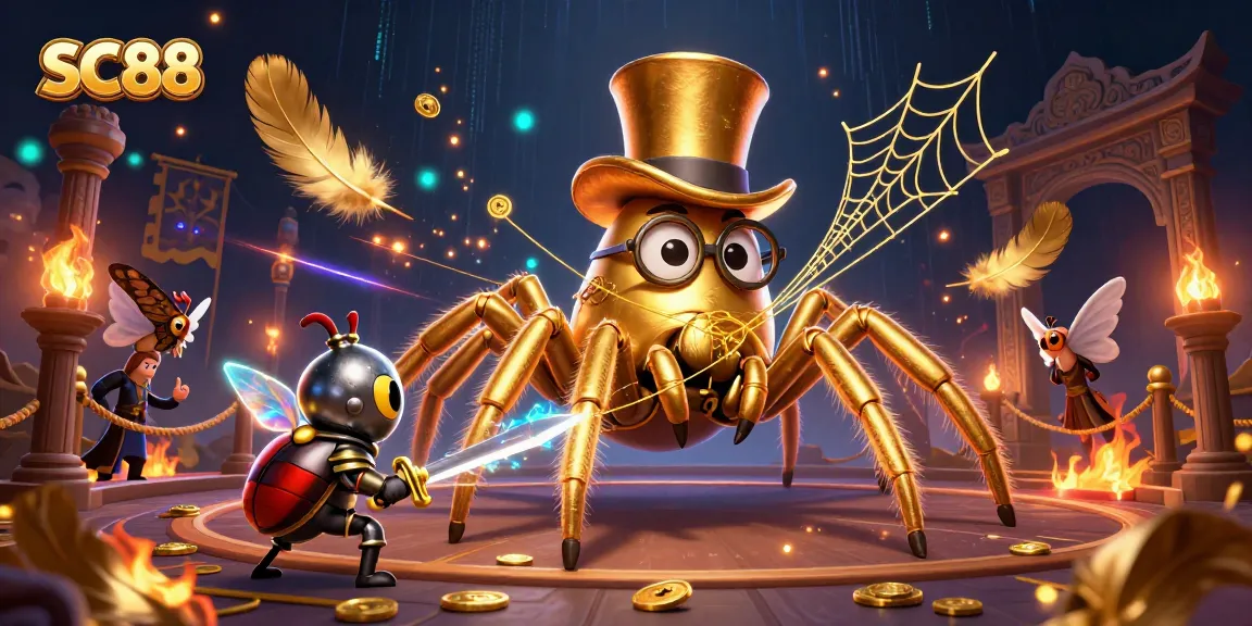 Engage with SC88’s thrilling gaming scene featuring a golden tarantula, knight, and lavish casino elements.
