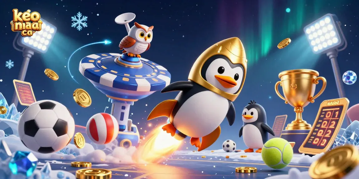 Bet on keo nha cai with a dynamic illustration of a golden penguin soaring past vibrant casino elements in space.
