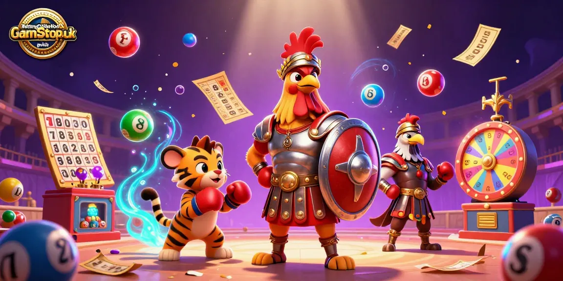 Engaging illustration of BettingSitesNotOnGamStop.uk guide featuring a 3D gladiator rooster and a tiger cub in a dynamic gaming environment.
