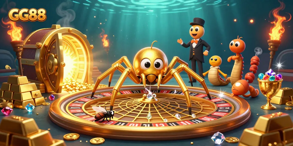 GG88 players enjoy thrilling bets in a vibrant casino scene featuring a roulette wheel and golden treasures.