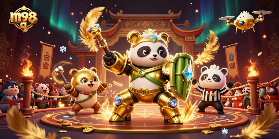 Experience the thrill of m98 q in this vibrant casino showdown featuring a mech-suit panda and lively arena.