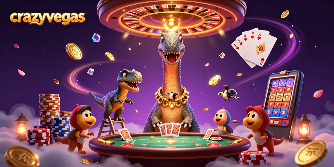 Crazyvegas highlights a playful casino scene with a giant brontosaurus and a clever raptor dealing cards.