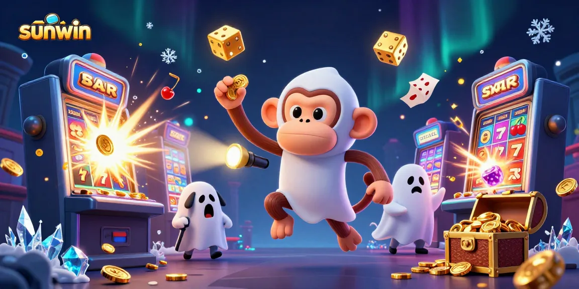 Engage with Sunwin's thrilling casino adventures featuring a playful ghost monkey in an enchanted gaming arena.