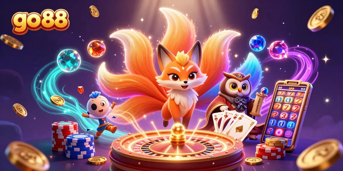 Spin and win with go 88, featuring a nine-tailed fox, coins, and vibrant casino elements.
